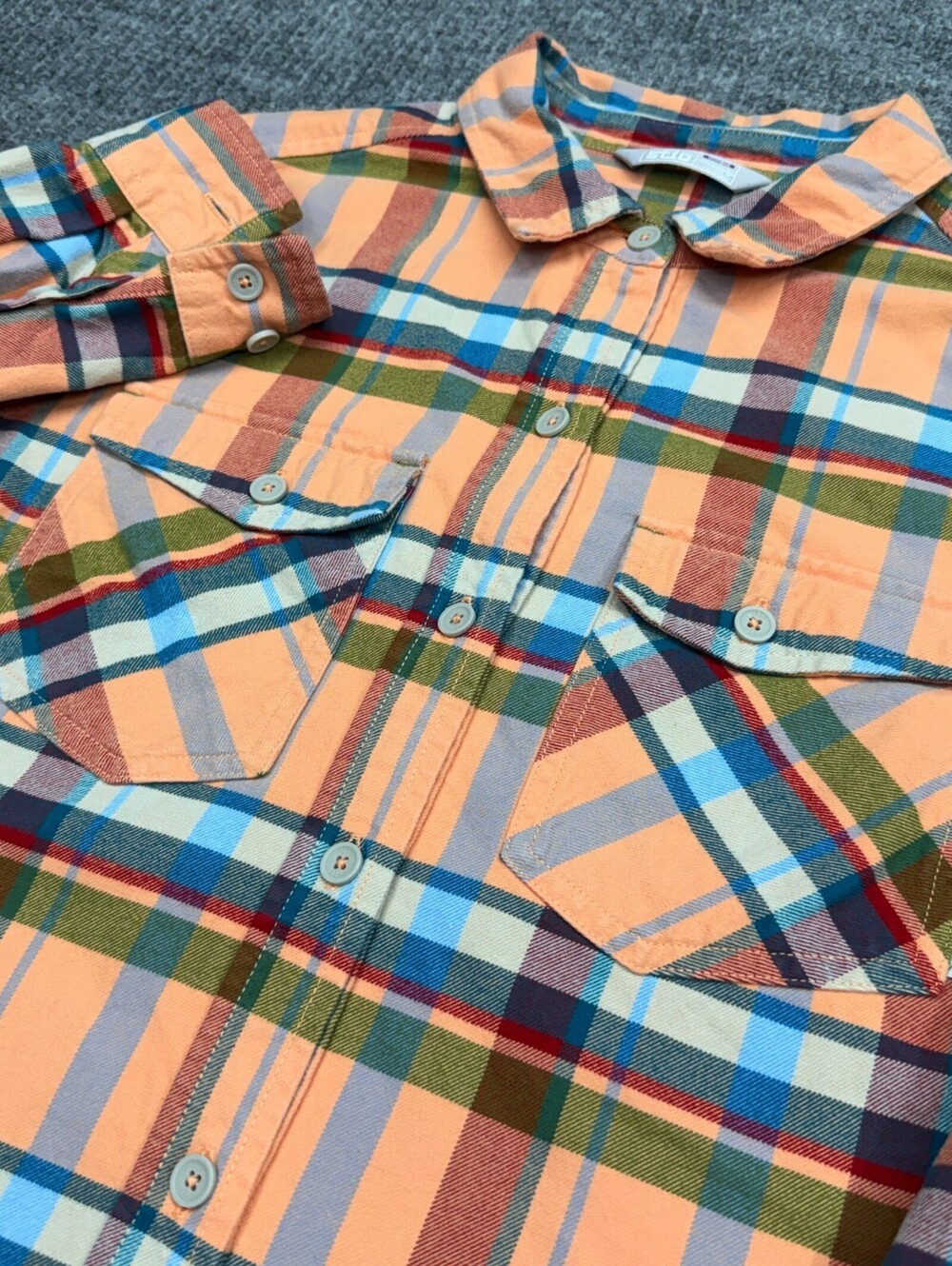 Stio Orange Multi Plaid Flannel Shirt Womens Large Organic Cotton Double Pockets